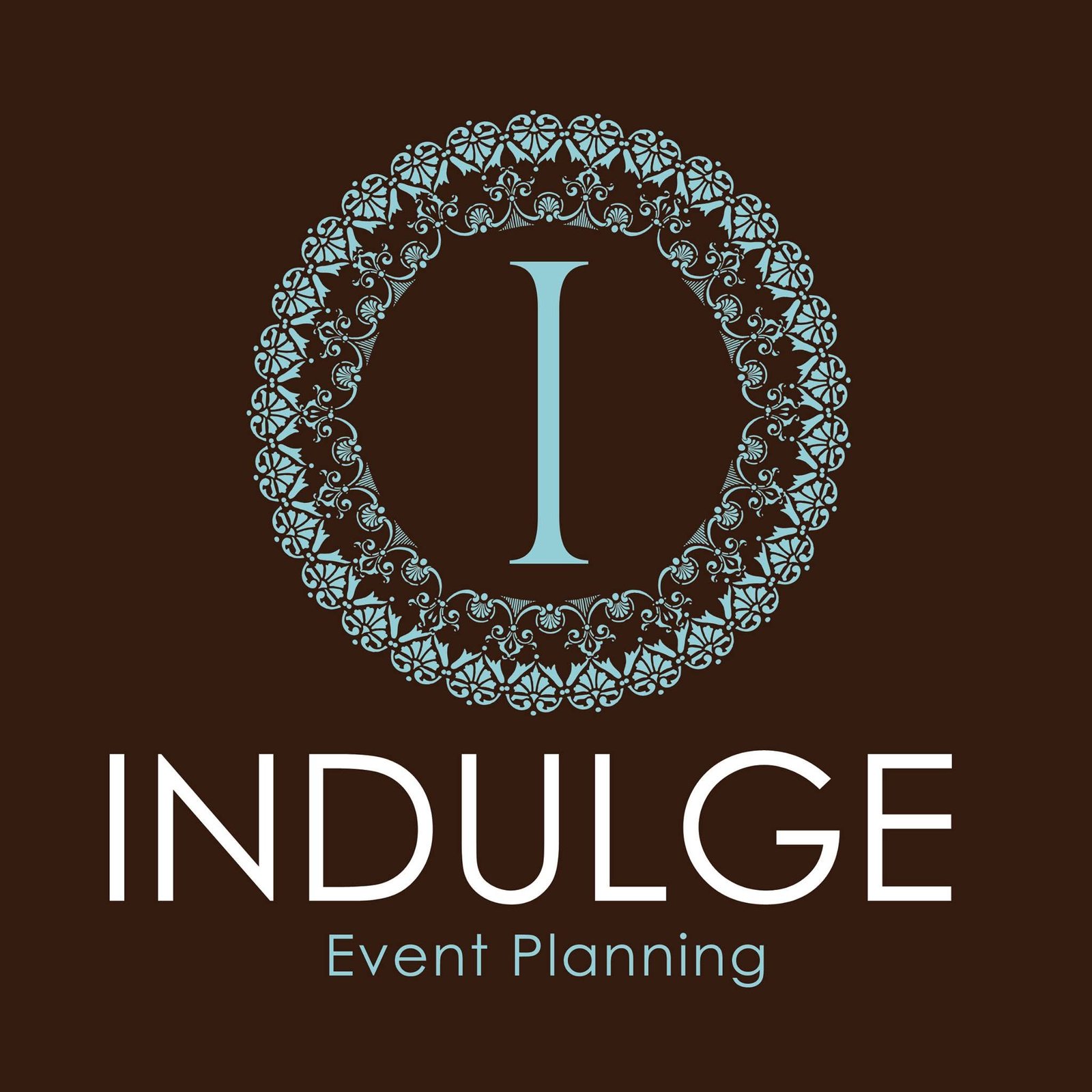 Indulge Event Planning logo, with an ornate turquoise I on a chocolate background